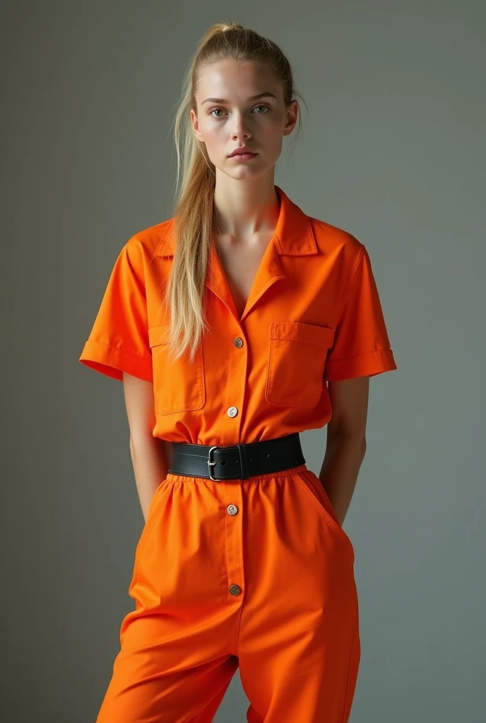 Frontal photograph of a beautiful young model with long a blonde medium length pulled back ponytail hair wearing a sexy synthetic orange prisoner jumpsuit, inmate jumpsuit, button-up, sexy view, handcuffed, hands cuffed to her back, wearing a tight black stylish belt, high black boots, short sleeves, sexy pose, very attractive look, skinny, anorexia, 19 years old, thin and athletic body, (thin girl 1:5), short sleeves, supermodel face and body, brown eyes, long pants, hands at back, elastane synthetic orange prisoner jumpsuit, jumpsuit made of elastic silk, jumpsuit has 4 visible silver buttons, her belt is made of stylish leather, elastic silky jumpsuit, jumpsuit is not tight on body, perfect woman, slim, (large perfect round fake breasts:1.0), (perfect Hands), (blonde medium straight ponytail hair:1.2), (wasp waist:1.3), big heavy black stylish designer belt of leather, visible breast contours, light blonde hair, a lot of cringles and creases on the jumpsuit, light blonde hair, full body view, tops of her boots visible, sporty ponytail, short sleeves, sexy model pose, she is highlighting her but in her pose, ponytail behind her body, no pockets