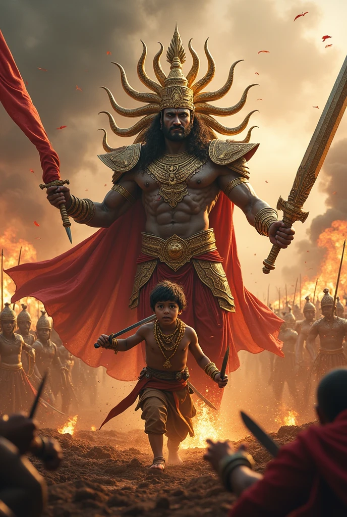 KING RAVANA IS IN A battle and he have a young son he is behind him and his younger son is helping kill the soldiers