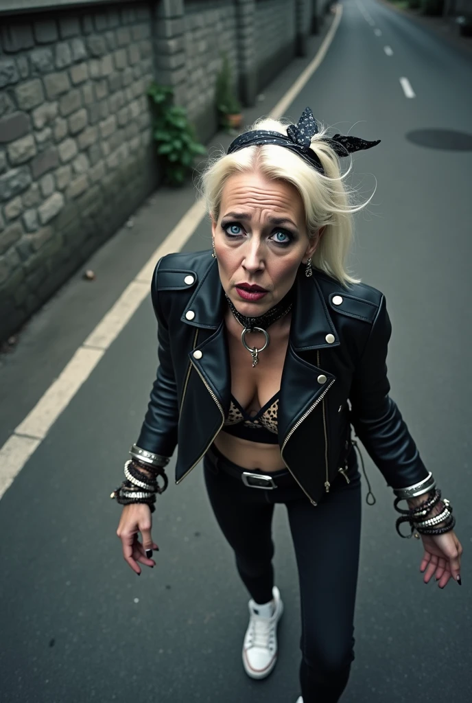 Old russian milf, platinum blonde hair with black parsley bandana, with very light blue eyes, pale, heavy eye shadows. Sad face, smeared make up, runny mascara. Wearing black moto jacket, leopard print bra, black skinny jeans and white tennis sneakers. Lots of metallic braceles and collars. Tacky leather belt with oversized buckle. Wide loop earrings. Scared face.