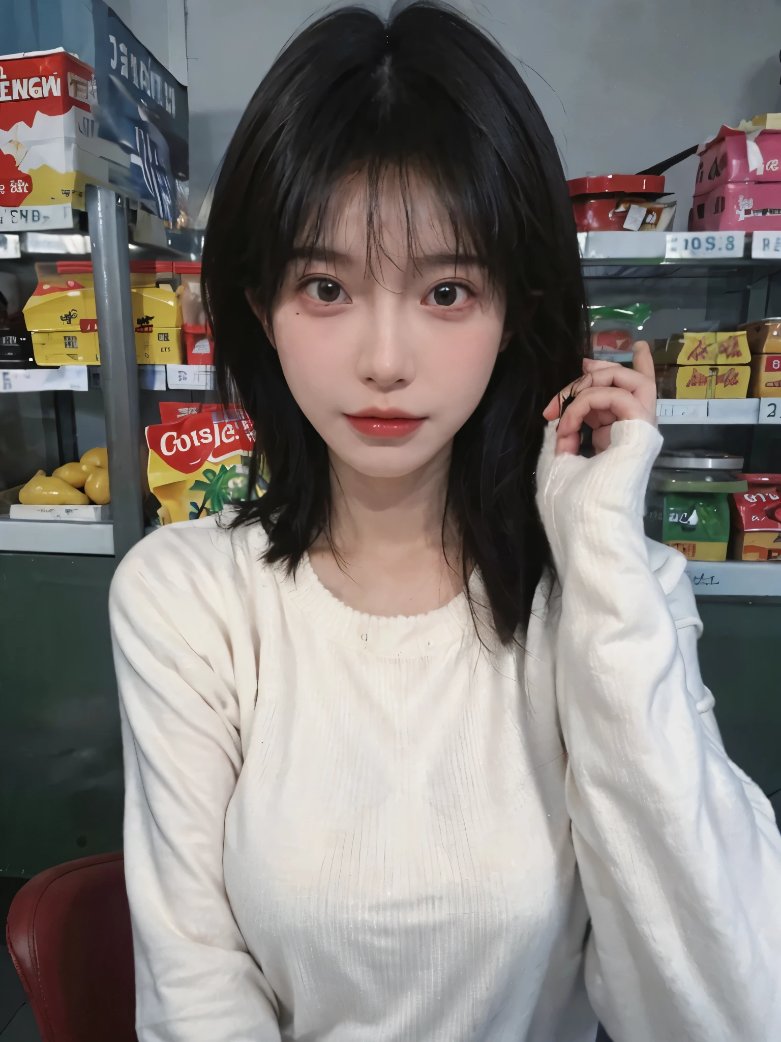 Best quality，Ultra-high resolution，(Realism:1.4)，Cute hairpins，Baoyu Girl，1 Girl，Red short sweater，Beautiful woman with a slim figure:1.4，Abdominal muscles:1.1，(Brown hair，Mid-chest:1.3)，supermarket，Super delicate face，Exquisite eyes，Double eyelids，make faces，necklace
