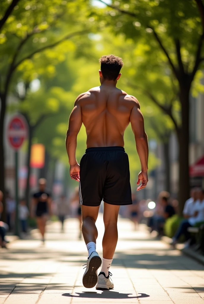 A fit man walking down a sidewalk. He’s wearing  semi-tightly fitted  basketball shorts. He has a round, bubbly, voluptuous pair of buttocks (emphasized by the shorts) complimented with thick thighs and nice legs. Perspective is directly behind him.