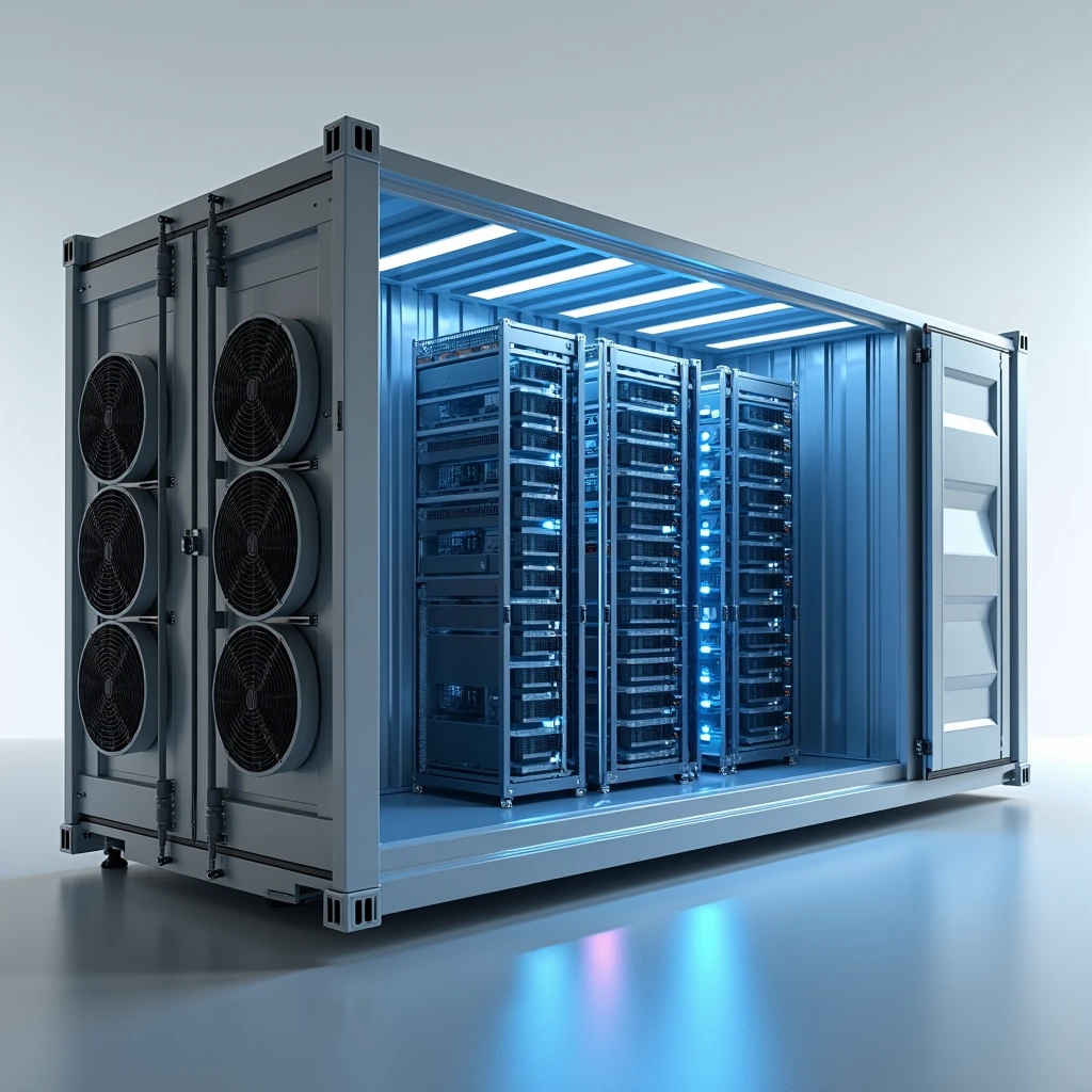 Create a 3D rendering of a modern datacenter container viewed from the outside. The container is rectangular with a clean, industrial design. The long sides of the container feature 20 midsize air fans each, arranged in two parallel rows. On one side, the air fans are positioned to pull air into the container. Positioned about 50 cm in front of these fans are evaporative cooling pads mounted on a sturdy steel construction, adding an extra layer of cooling as the air enters the container. On the opposite side, the fans are designed to expel air out of the container, showing a clear and efficient airflow system.
The rendering should depict part of the container with a transparent section, allowing a view of the interior setup. Inside the container, the central area is filled with several rows of datacenter racks, neatly organized and filled with server equipment. The racks are arranged to allow the cooled air to pass through them efficiently, ensuring optimal cooling for the equipment. The interior should have a high-tech appearance, with visible cables, blinking lights, and various technical components.
On one of the smaller sides of the container, include a secure, reinforced door, designed to allow controlled access to the interior. The overall mood should be realistic and slightly futuristic, with careful attention to detail in the design of the container, the cooling system, and the datacenter racks. Lighting should be cool and industrial, with subtle reflections on the metallic surfaces of the fans, racks, and steel construction.