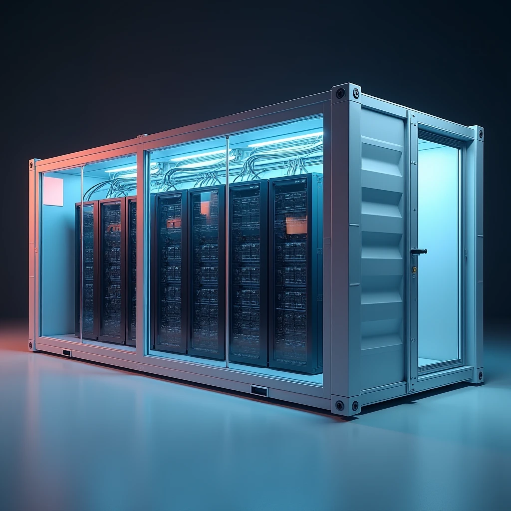 Create a 3D rendering of a modern datacenter container viewed from the outside. The container is rectangular with a clean, industrial design. The long sides of the container feature 20 midsize air fans each, arranged in two parallel rows. On one side, the air fans are positioned to pull air into the container. Positioned about 50 cm in front of these fans are evaporative cooling pads mounted on a sturdy steel construction, adding an extra layer of cooling as the air enters the container. On the opposite side, the fans are designed to expel air out of the container, showing a clear and efficient airflow system.
The rendering should depict part of the container with a transparent section, allowing a view of the interior setup. Inside the container, the central area is filled with several rows of datacenter racks, neatly organized and filled with server equipment. The racks are arranged to allow the cooled air to pass through them efficiently, ensuring optimal cooling for the equipment. The interior should have a high-tech appearance, with visible cables, blinking lights, and various technical components.
On one of the smaller sides of the container, include a secure, reinforced door, designed to allow controlled access to the interior. The overall mood should be realistic and slightly futuristic, with careful attention to detail in the design of the container, the cooling system, and the datacenter racks. Lighting should be cool and industrial, with subtle reflections on the metallic surfaces of the fans, racks, and steel construction.