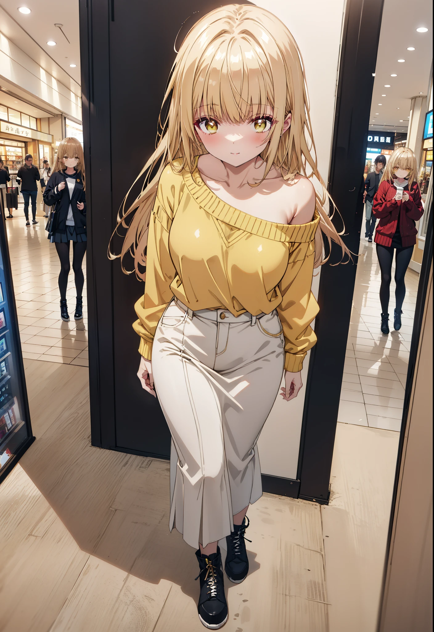 mahirushiina, mahiru shiina, Long Hair, bangs, Blonde, Brown Hair, (Yellow Eyes:1.3), smile,One-shoulder sweater,Long skirt,Black pantyhose,short boots,Walking,whole bodyがイラストに入るように,
break indoors, Shopping mall,
break looking at viewer, whole body,
break (masterpiece:1.2), Highest quality, High resolution, unity 8k wallpaper, (figure:0.8), (Beautiful attention to detail:1.6), Highly detailed face, Perfect lighting, Highly detailed CG, (Perfect hands, Perfect Anatomy),