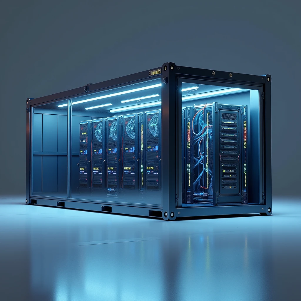 Create a 3D rendering of a modern datacenter container viewed from the outside. The container is rectangular with a clean, industrial design. The long sides of the container feature 20 midsize air fans each, arranged in two parallel rows. On one side, the air fans are positioned to pull air into the container. Positioned about 50 cm in front of these fans are evaporative cooling pads mounted on a sturdy steel construction, adding an extra layer of cooling as the air enters the container. On the opposite side, the fans are designed to expel air out of the container, showing a clear and efficient airflow system.
The rendering should depict part of the container with a transparent section, allowing a view of the interior setup. Inside the container, the central area is filled with several rows of datacenter racks, neatly organized and filled with server equipment. The racks are arranged to allow the cooled air to pass through them efficiently, ensuring optimal cooling for the equipment. The interior should have a high-tech appearance, with visible cables, blinking lights, and various technical components.
On one of the smaller sides of the container, include a secure, reinforced door, designed to allow controlled access to the interior. The overall mood should be realistic and slightly futuristic, with careful attention to detail in the design of the container, the cooling system, and the datacenter racks. Lighting should be cool and industrial, with subtle reflections on the metallic surfaces of the fans, racks, and steel construction.