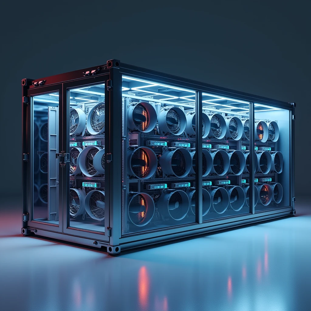 Create a 3D rendering of a modern datacenter container viewed from the outside. The container is rectangular with a clean, industrial design. The long sides of the container feature 20 midsize air fans each, arranged in two parallel rows. On one side, the air fans are positioned to pull air into the container. Positioned about 50 cm in front of these fans are evaporative cooling pads mounted on a sturdy steel construction, adding an extra layer of cooling as the air enters the container. On the opposite side, the fans are designed to expel air out of the container, showing a clear and efficient airflow system.
The rendering should depict part of the container with a transparent section, allowing a view of the interior setup. Inside the container, the central area is filled with several rows of datacenter racks, neatly organized and filled with server equipment. The racks are arranged to allow the cooled air to pass through them efficiently, ensuring optimal cooling for the equipment. The interior should have a high-tech appearance, with visible cables, blinking lights, and various technical components.
On one of the smaller sides of the container, include a secure, reinforced door, designed to allow controlled access to the interior. The overall mood should be realistic and slightly futuristic, with careful attention to detail in the design of the container, the cooling system, and the datacenter racks. Lighting should be cool and industrial, with subtle reflections on the metallic surfaces of the fans, racks, and steel construction.