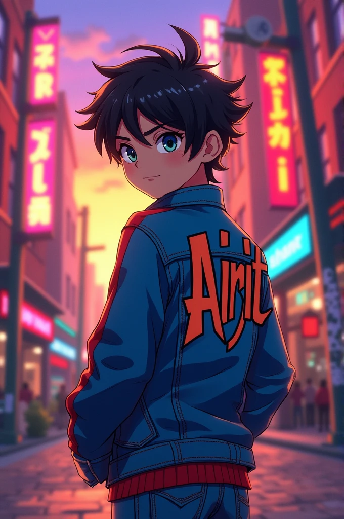 Give me a image of a anime who wearing a denim jacket which is written Arijit