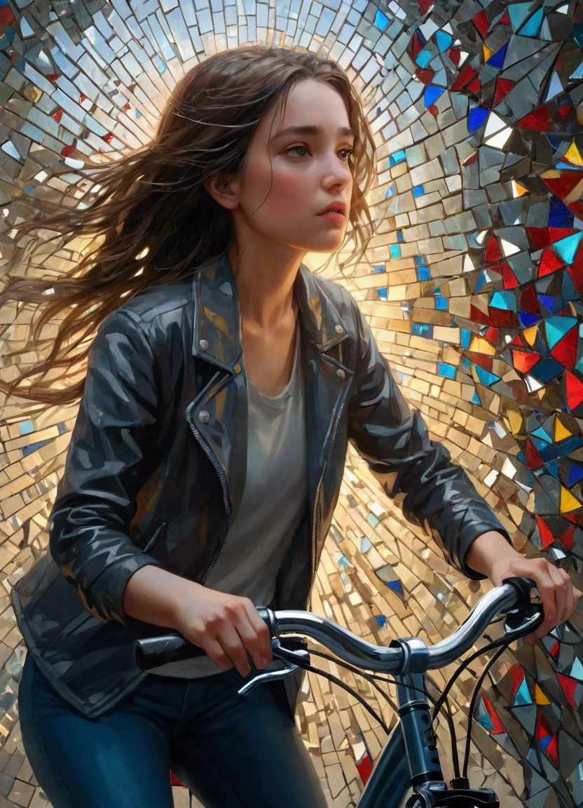 1 girl riding a bicycle, A mosaic of shattered mirrors reflects fractured identities, exploring the complexities of self-perception.masterpiece:1.2,4K,Ultra-fine,lifelike,Vivid colors,Studio Lighting,Physical Rendering,Surrealism,