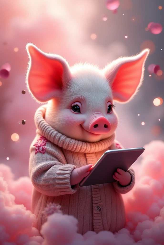 A very cute pig in a sweater with a tablet in his hands against a background of a lot of pink smoke and sequins