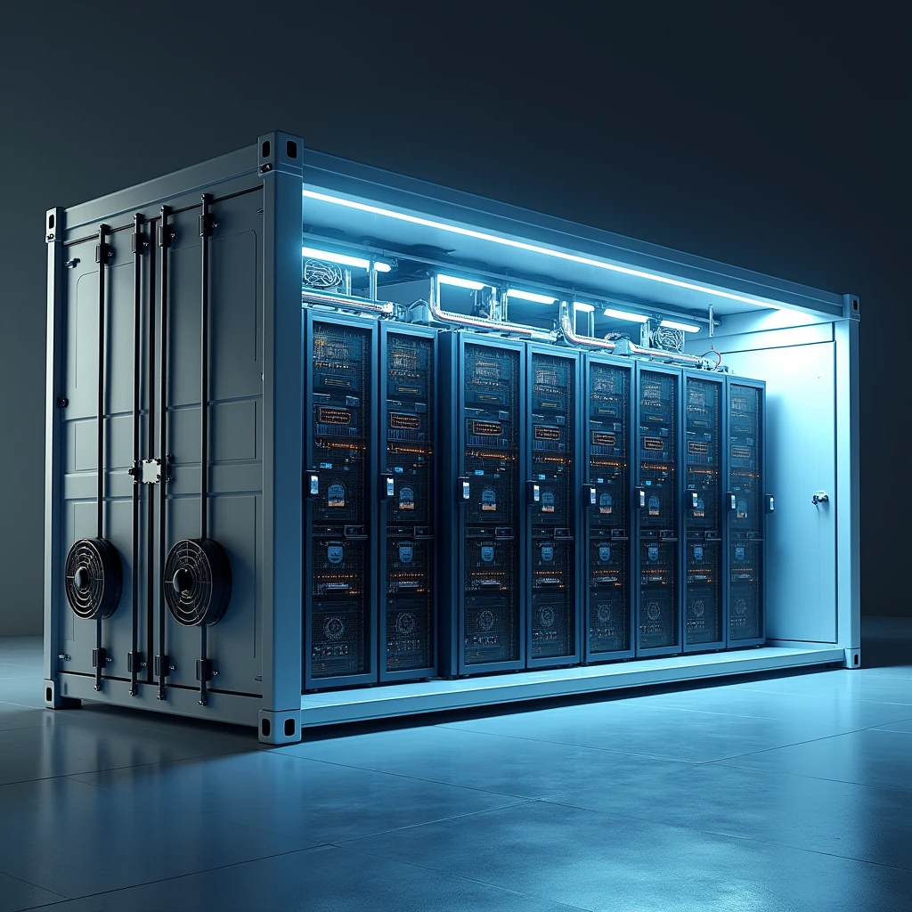 Create a 3D rendering of a modern datacenter container viewed from the outside. The container is rectangular with a clean, industrial design. The long sides of the container feature 20 midsize air fans each, arranged in two parallel rows. On one side, the air fans are positioned to pull air into the container. Positioned about 50 cm in front of these fans are evaporative cooling pads mounted on a sturdy steel construction, adding an extra layer of cooling as the air enters the container. On the opposite side, the fans are designed to expel air out of the container, showing a clear and efficient airflow system.
The rendering should depict part of the container with a transparent section, allowing a view of the interior setup. Inside the container, the central area is filled with several rows of datacenter racks, neatly organized and filled with server equipment. The racks are arranged to allow the cooled air to pass through them efficiently, ensuring optimal cooling for the equipment. The interior should have a high-tech appearance, with visible cables, blinking lights, and various technical components.
On one of the smaller sides of the container, include a secure, reinforced door, designed to allow controlled access to the interior. The overall mood should be realistic and slightly futuristic, with careful attention to detail in the design of the container, the cooling system, and the datacenter racks. Lighting should be cool and industrial, with subtle reflections on the metallic surfaces of the fans, racks, and steel construction.