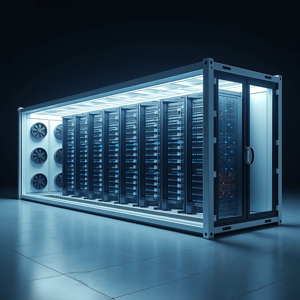 Create a 3D rendering of a modern datacenter container viewed from the outside. The container is rectangular with a clean, industrial design. The long sides of the container feature 20 midsize air fans each, arranged in two parallel rows. On one side, the air fans are positioned to pull air into the container. Positioned about 50 cm in front of these fans are evaporative cooling pads mounted on a sturdy steel construction, adding an extra layer of cooling as the air enters the container. On the opposite side, the fans are designed to expel air out of the container, showing a clear and efficient airflow system.
The rendering should depict part of the container with a transparent section, allowing a view of the interior setup. Inside the container, the central area is filled with several rows of datacenter racks, neatly organized and filled with server equipment. The racks are arranged to allow the cooled air to pass through them efficiently, ensuring optimal cooling for the equipment. The interior should have a high-tech appearance, with visible cables, blinking lights, and various technical components.
On one of the smaller sides of the container, include a secure, reinforced door, designed to allow controlled access to the interior. The overall mood should be realistic and slightly futuristic, with careful attention to detail in the design of the container, the cooling system, and the datacenter racks. Lighting should be cool and industrial, with subtle reflections on the metallic surfaces of the fans, racks, and steel construction.
