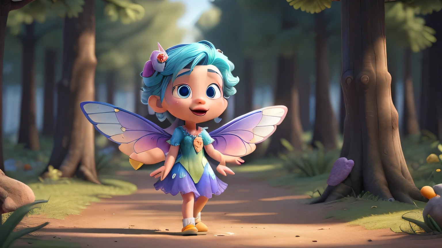 3D character, Fairy girl with blue hairs cute and shiney wings “Sparkle, look at that shiny, colorful trail leading into the forest!”, (cinematic composition), (pixar style:1.2), (CGI animation: 1.2), (Disney: 1.2), (cartoon: 0.2), (best quality, masterpiece, 4k, ultra detailed, sharp focus, 8k, high definition:1.2), (by Danny Mac 3D, by Follygon), (masterpiece: 1.2), absurdres