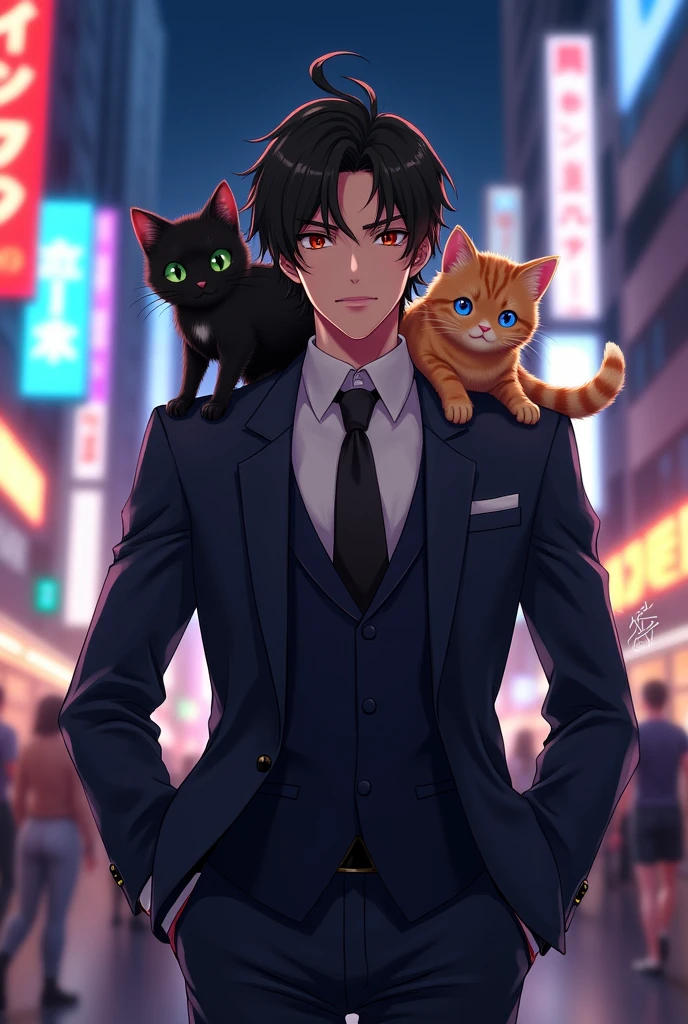 Anime man with suit and cats in his shoulder 