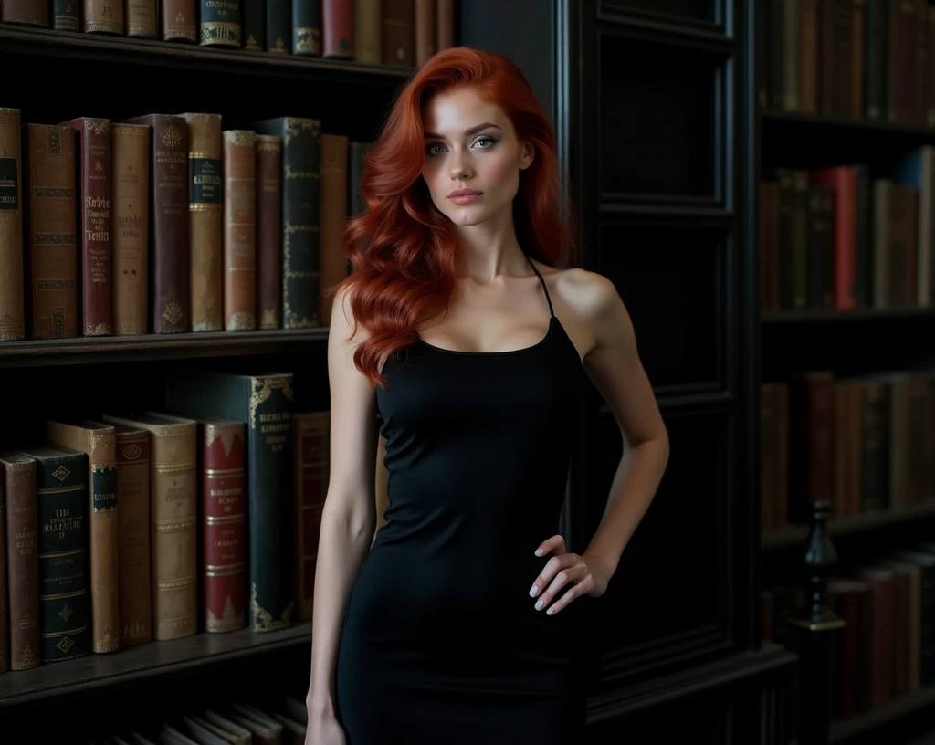 full body photo, beautiful redhead woman, 25 years old, wearing a black pencil dress standing, hourglass figure, Christian Louboutin shoes, choosing books in an old library, ultra realistic photography, studio photography, 32k, ultra quality