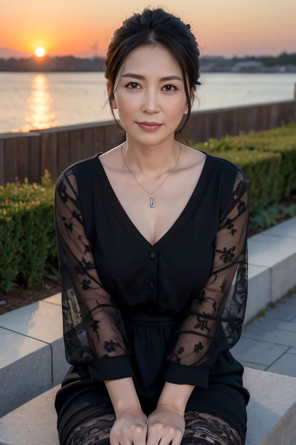 (In 8K, Highest quality, masterpiece:1.2), (Realistic, Photorealistic:1.37), Ultra-detailed, Natural light, , 1 person, 45-year-old woman, Black Hair, pendant, Trendy clothes、Less exposure, Highly detailed face and skin, Detailed eyes, Highly detailed face and skin、Take a full-body photo、color々A pose、sunset、dusk、Pensive