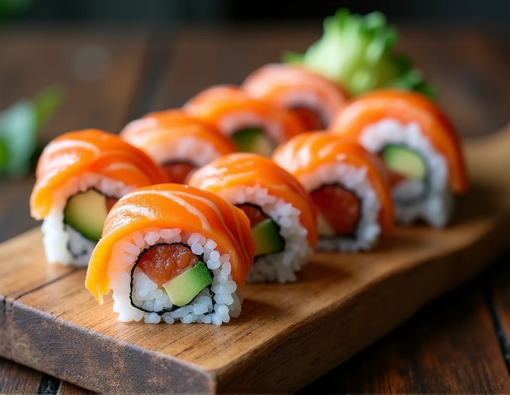 draw japanese rolls on a wooden cutting board, without shadows and background. All rolls must be in a clear image