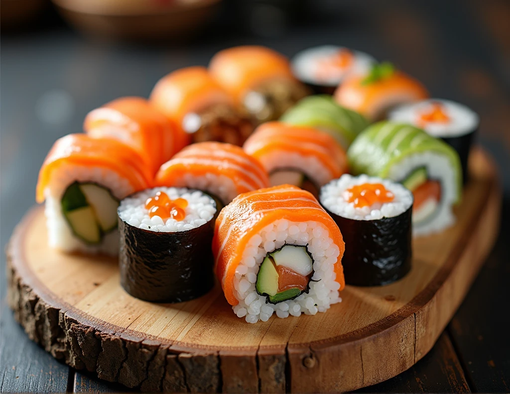 draw japanese rolls on a wooden cutting board, without shadows and background. All rolls must be in a clear image