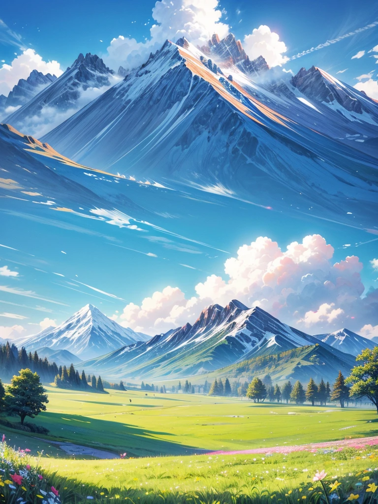 Clear sky, view under the tree, look down, there are mountains, in front of the beautiful blooming grassland, bright colors, good weather,Bright colors, beautiful blooming flowers