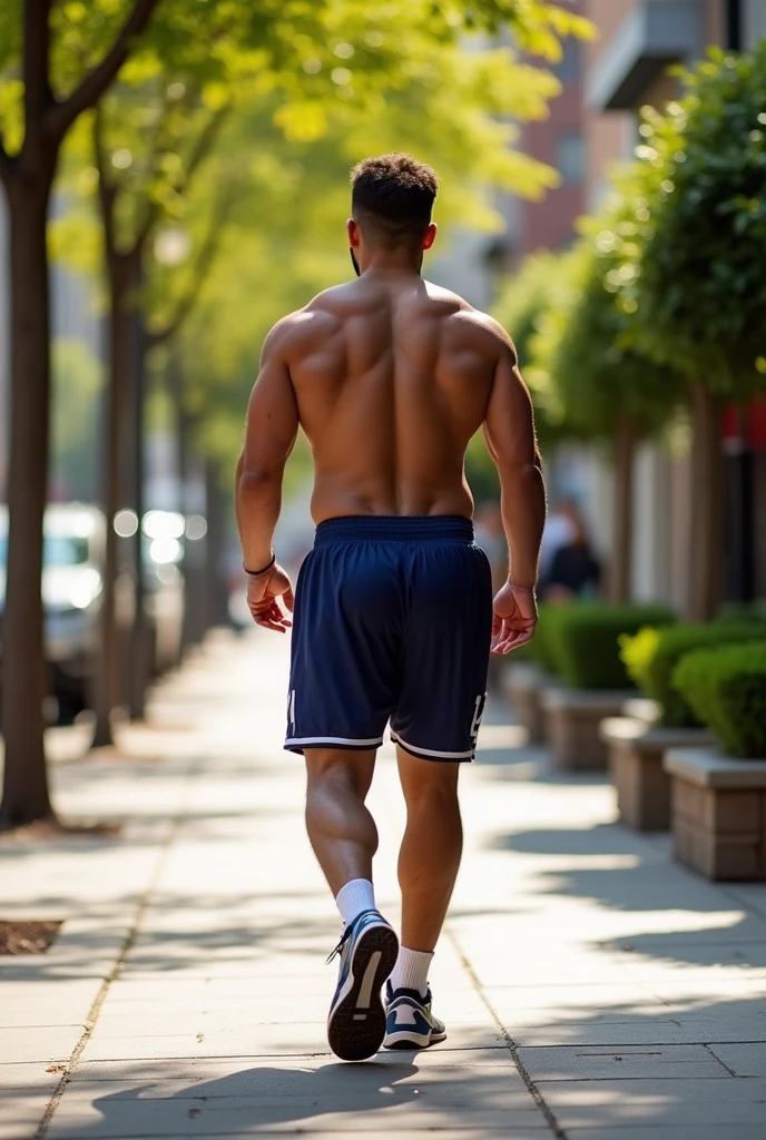A fit man walking down a sidewalk. He’s wearing semi-tightly fitted basketball shorts. He has a round, bubbly, voluptuous pair of buttocks (emphasized by the shorts) complimented with thick thighs and nice legs. Perspective is directly behind him.