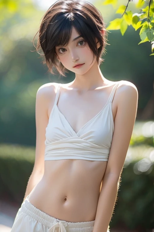 One girl, short_hair,Bob_cut,dull_前hair,green_Rose,hair_ornament,hair_flower nsfw,Bare nipples、Cute pointed nipples、、White panties、