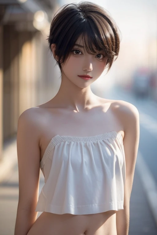 Girl, naked. Skinny body, small bust, short hair, Very curly, tomboy