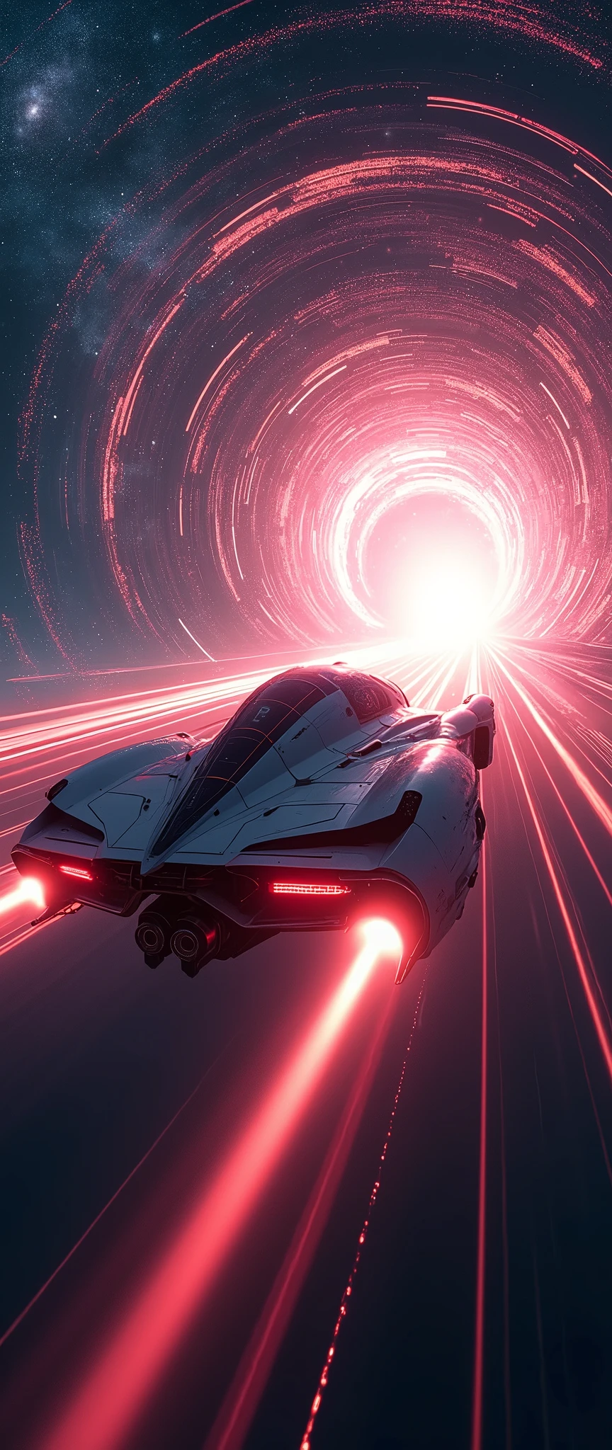 (masterpiece:1.2,Highest quality,Super detailed,Realistic,Ultra-high Resolution Camera),8k,wallpaper,(Hyperspace navigation of an ultra-compact spaceship),(Shot from behind the spaceship:2.0),(Expressing ultra-high speed with beautiful lines of light:2.0),(wormhole),universe space,Magnificent landscape painting,dynamic