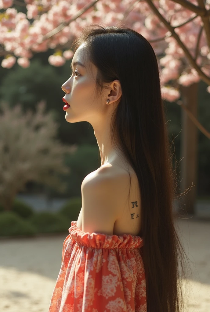 editorial photography,super detailed background,Super realistic,double exposure,depth of field,cool beauty super slender skinny vides,soft focus sepia color tone,narrative scene,Zen temple garden,open Crimson lips,Wabi-Sabi,narrow eyes,geometric pattern tiny many tattoo on face,waist shot,looking away,super long straight hairstyle,