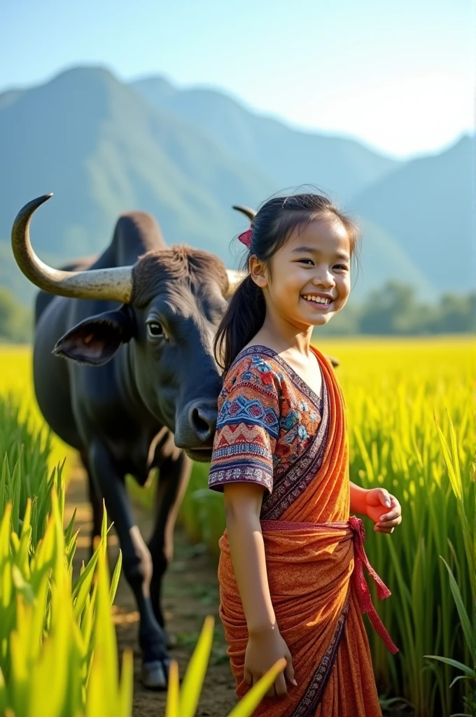Beautiful girl Thailand play buffalo