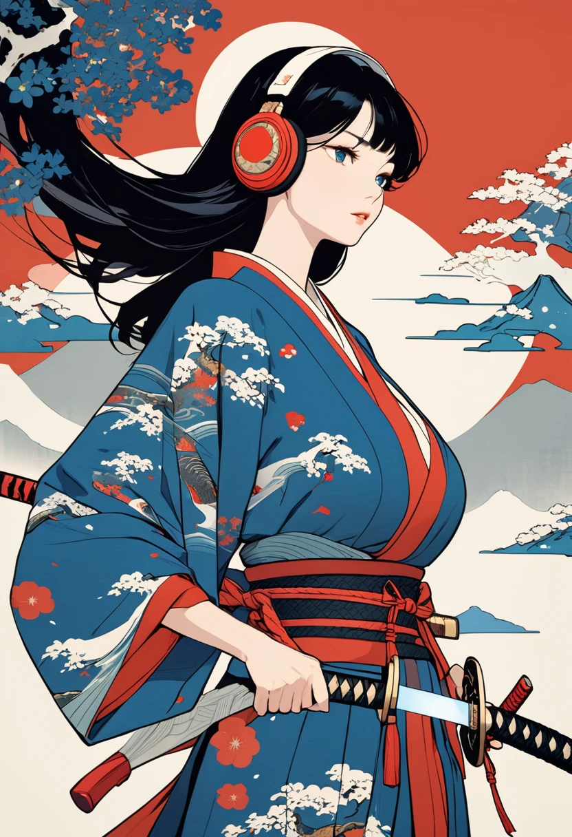 nk Painting, (((1 girl))), (((samurai))), (((Japanese sword))), (((Swordsman))), Japanese style headphones, beautiful girl, OPEN BIG BREAST ,Black LONG Hair, Delicate and precise, Modern ukiyo-e style, red and blue neon