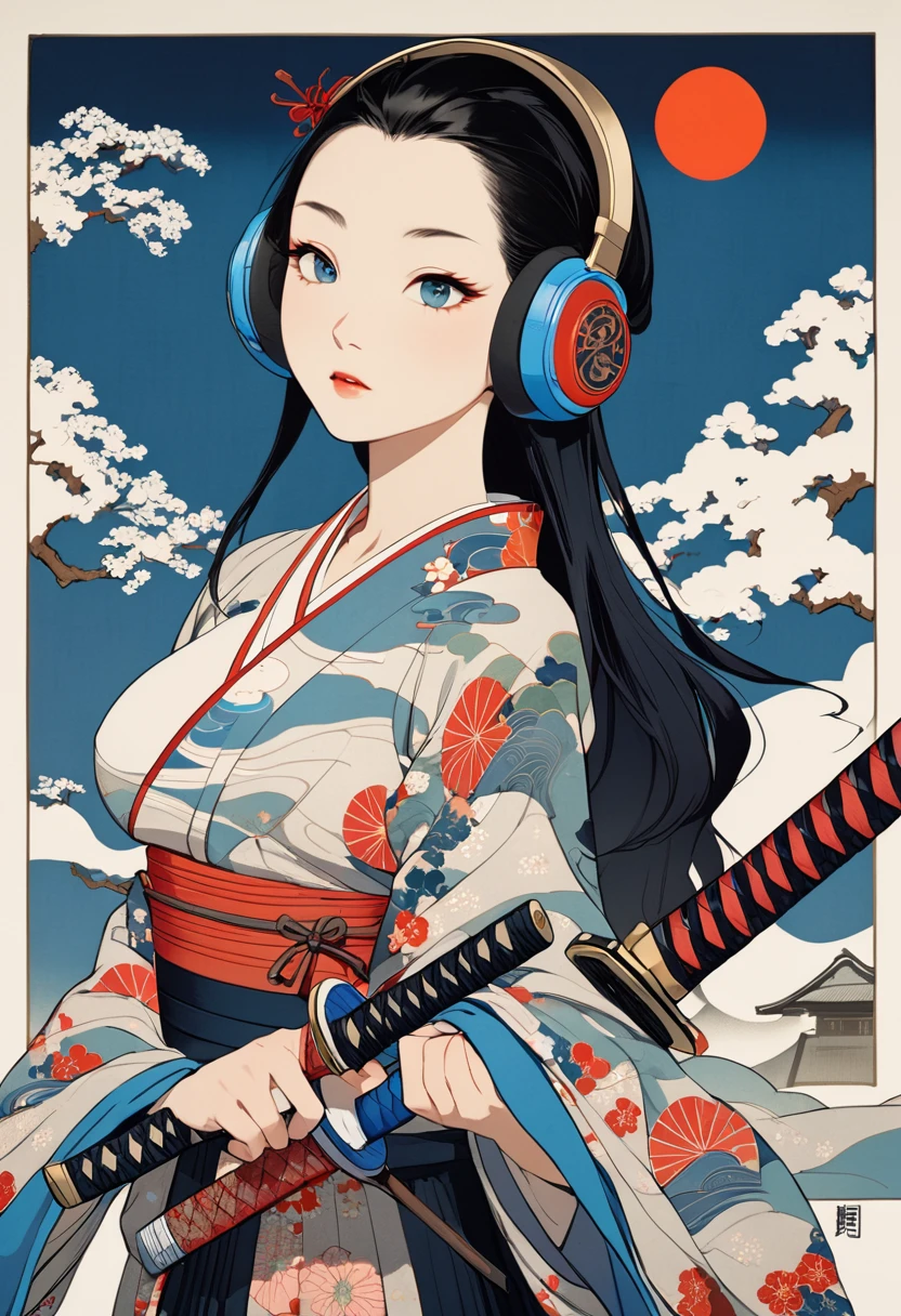 nk Painting, (((1 girl))), (((samurai))), (((Japanese sword))), (((Swordsman))), Japanese style headphones, beautiful girl, OPEN BIG BREAST ,Black LONG Hair, Delicate and precise, Modern ukiyo-e style, red and blue neon