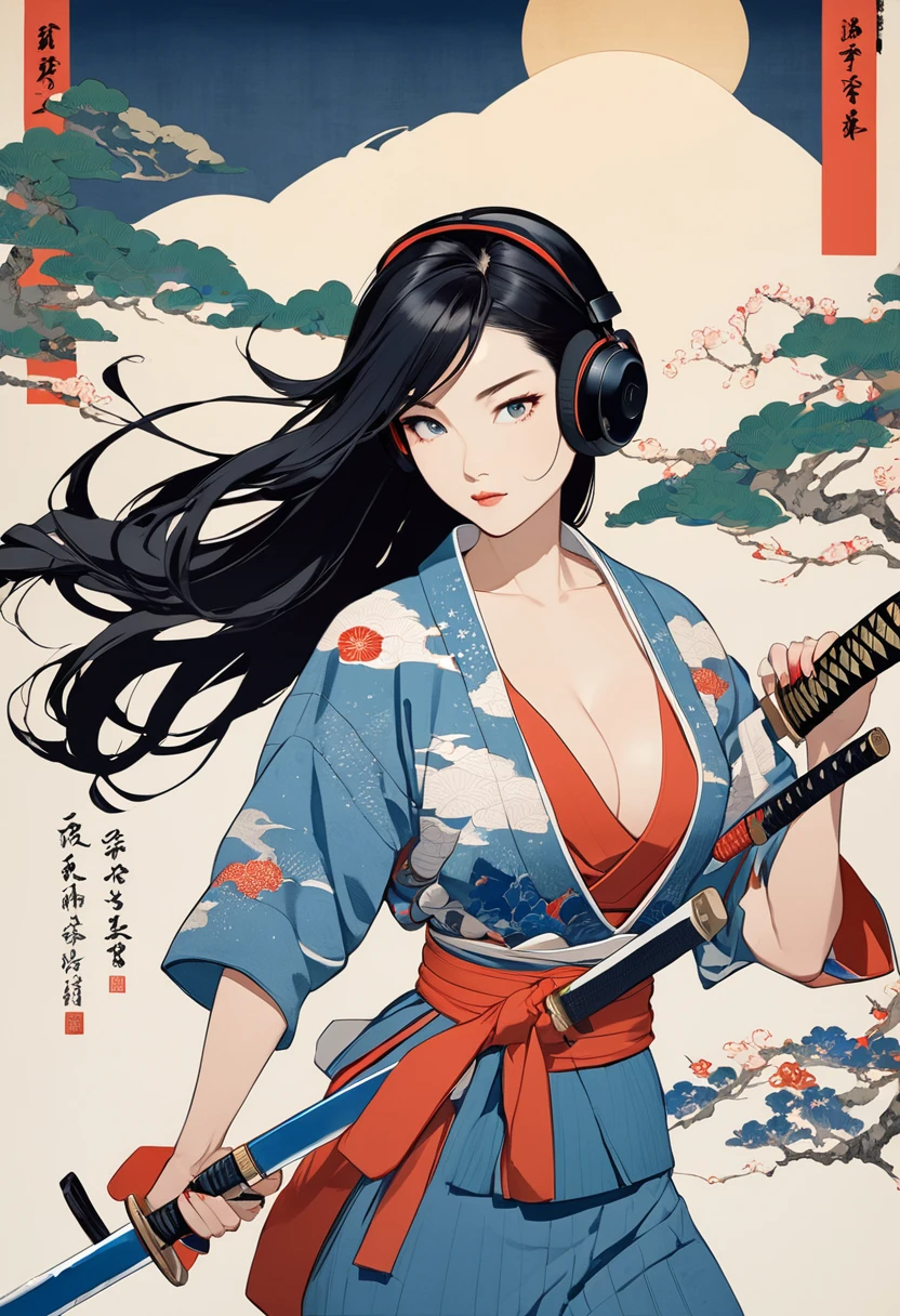 nk Painting, (((1 girl))), (((samurai))), (((Japanese sword))), (((Swordsman))), Japanese style headphones, beautiful girl, OPEN BIG BREAST ,Black LONG Hair, Delicate and precise, Modern ukiyo-e style, red and blue neon