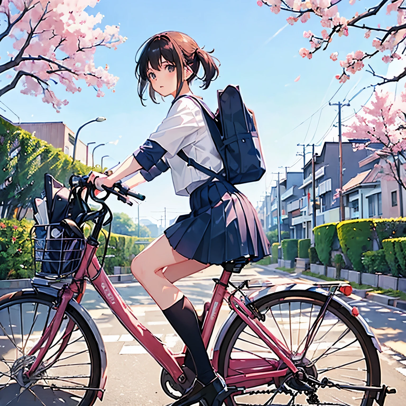 (masterpiece, Highest quality:1.2), reality、4K Anime Art、High school girl riding a bicycle, alone、whole body、short hair、White Sailor Suit，Long pleated skirt、Fluttering cherry blossoms, Pastel colored school building background, Pannier basket filled with textbooks and packed lunches, Pleated skirt fluttering, Hanging pigtails, Dynamic shadows projected onto the ground, When climbing over a small step, The front wheel lifts slightly as if catching air.., Soft focus background, An eclectic mix of vibrant and pastel colors, Unique manga line art, Sunshine adds a magical glow, Elevation