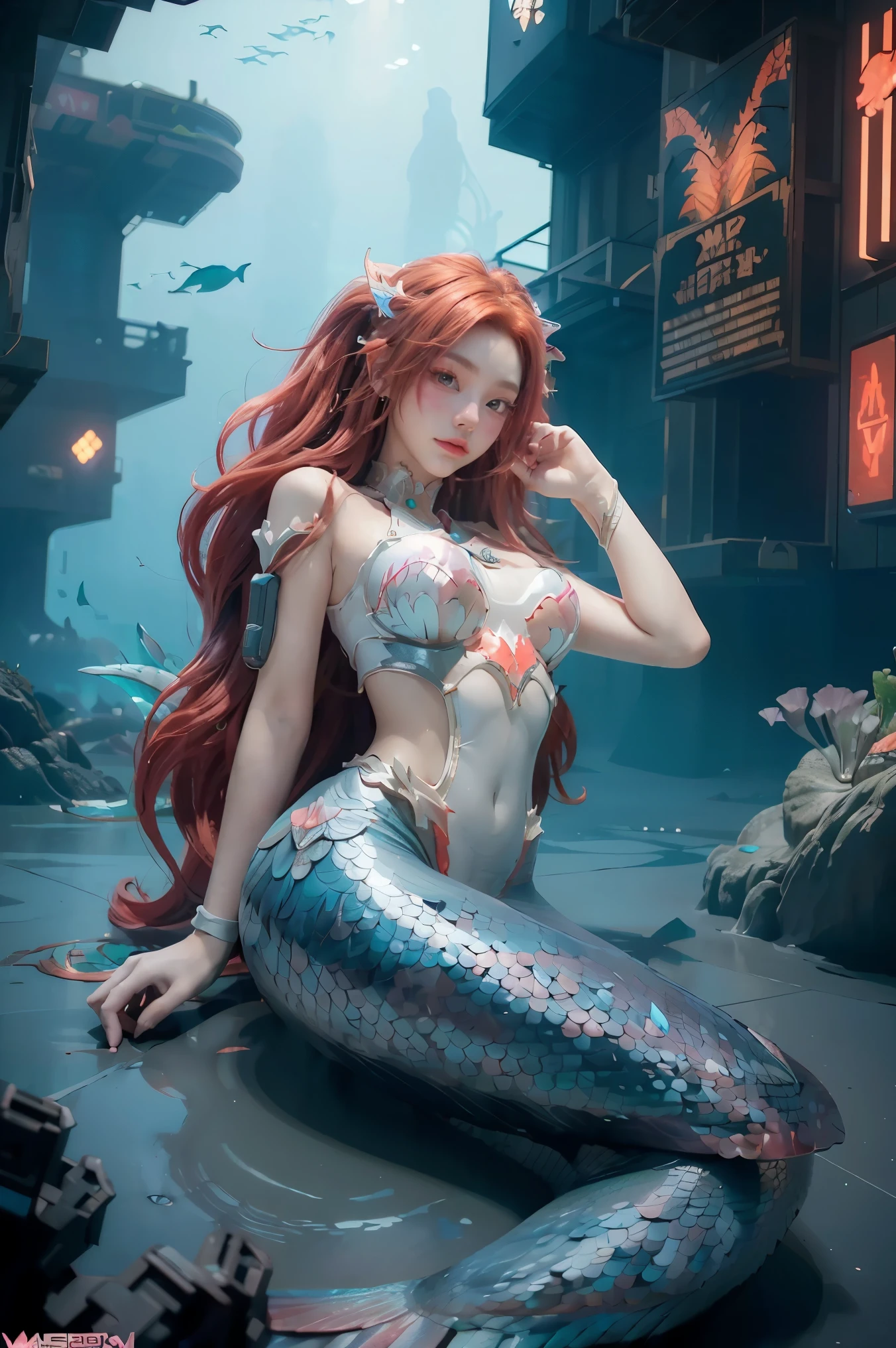 ((masterpiece, best quality, extremely detailed), volumetric lighting, ambient occlusion, colorful, glowing), 1girl, solo, young girl, (red hair), long hair, goddess, cyber suit, (mermaid design:1.3), outdoors,under the sea, , (cyberpunk theme:1.2),