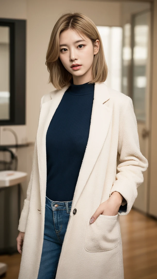 hospital、doctor、like a magazine、ラインが美しいエッジのdoctor_woman,Wear a white coat、Weaken the nipples、完璧なエッジを持つdoctor 、color々An intense pose、Full Body Shot、20th Ayaka、NiziUAYAKA、 ４Ｋ、１人のwoman、Transparent white skin、slender、 Loose, wavy styling 、Fascinating and attractive、Including the texture of the face and skin.，Detailed eyes、A seductive look