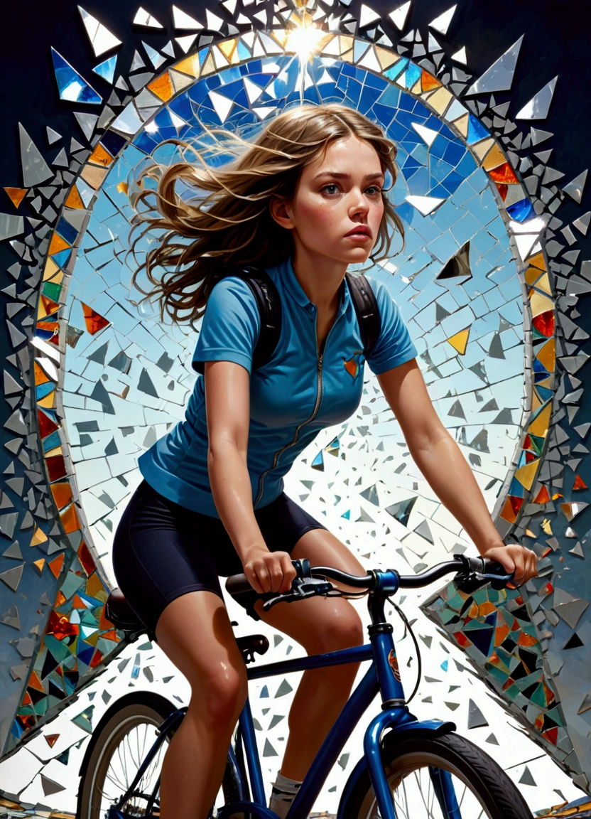 1 girl riding a bicycle, A mosaic of shattered mirrors reflects fractured identities, exploring the complexities of self-perception.masterpiece:1.2,4K,Ultra-fine,lifelike,Vivid colors,Studio Lighting,Physical Rendering,Surrealism,