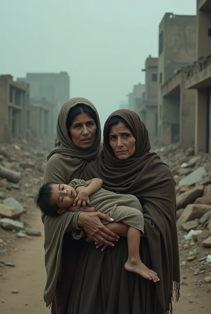 "A dark, somber scene depicting a famine-stricken city. The focus is on two women in despair, with one woman holding a small, lifeless figure. The setting is a ruined, desolate landscape reflecting the harsh conditions of a siege. The mood is heavy and intense, emphasizing the dire circumstances and emotional weight of the situation."

This depiction should be approached with sensitivity due to the nature of the content.