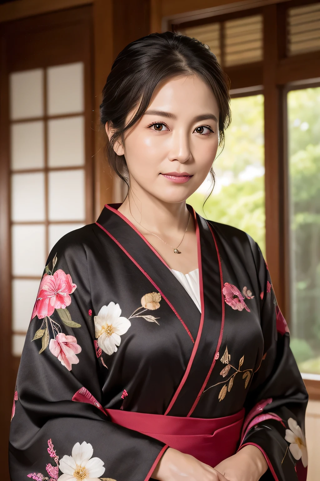 (In 8K, Highest quality, masterpiece:1.2), (Realistic, Photorealistic:1.37), Ultra-detailed, Natural light, , 1 person, 45-year-old woman, Black Hair, pendant, kimono、Tea Ceremony、Tea Room、Less exposure, Highly detailed face and skin, Detailed eyes, Highly detailed face and skin、Take a full-body photo、color々A pose、dusk、Pensive