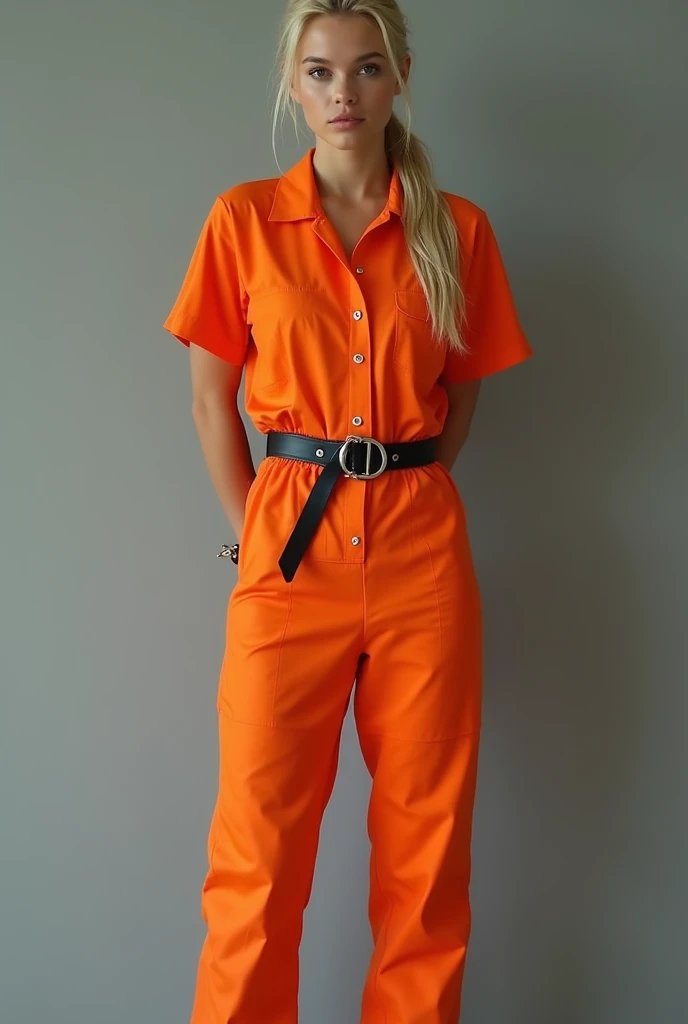 Ariana Grande, Transport Belt, handcuffs, prison clothes, orange jumpsuit, blonde hair, blue eyes, looking at viewer, serious, tears, blush, standing, inside lobby, prison, bright lighting, high quality, masterpiece,