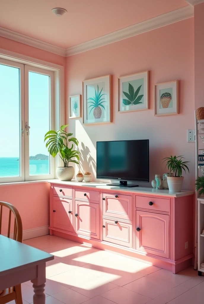 Gyaru kitchen, beach house, litoral, cosy, pink and mint color, bigger with tv, tv stand, frame, decoration