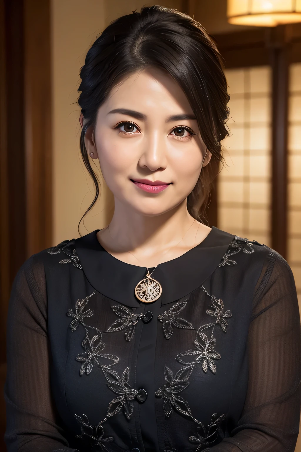 (In 8K, Highest quality, masterpiece:1.2), (Realistic, Photorealistic:1.37), Ultra-detailed, Natural light, , 1 person, 45-year-old woman, Black Hair, pendant, Kappo、Izakaya、Less exposure, Highly detailed face and skin, Detailed eyes, Highly detailed face and skin、Take a full-body photo、color々A pose、dusk、Pensive