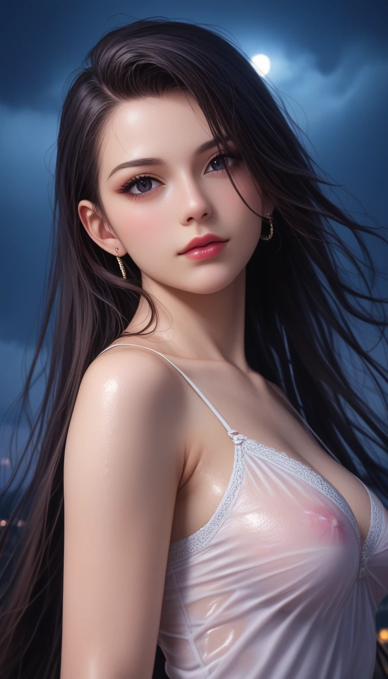 score_9, score_8_superior, score_7_superior, High-resolution CG illustration,A masterpiece in 32K resolution,Highest quality,it is really amazing,Very detailed,Ultra-high resolution,Ultra-realistic,Realistic,Increased depth of field,Cinematic lighting,
Sexy mature Japan woman,
Glossy black hair,Straight Long Hair,Showing his forehead,god々Beautiful,Ultra-detailed and beautiful face,Sensual look,Beautiful dark brown, moist eyes,Pitch black eyes,Glowing, moisturized skin,Translucent white skin,born々New skin texture,Wet body,Great proportions,
Sexy Summer Beach Dresses,
Design with a deep slit,Pastel-toned chic color scheme,詳細なborn地の質感,
A dark and blurry night background,Dark overcast sky on a dull night,Dark clouds filling the sky,Thundercloud,Coastline at night,Stormy seas,delay々A desolate sandy beach that continues,
Cinematic,Low - Angle,