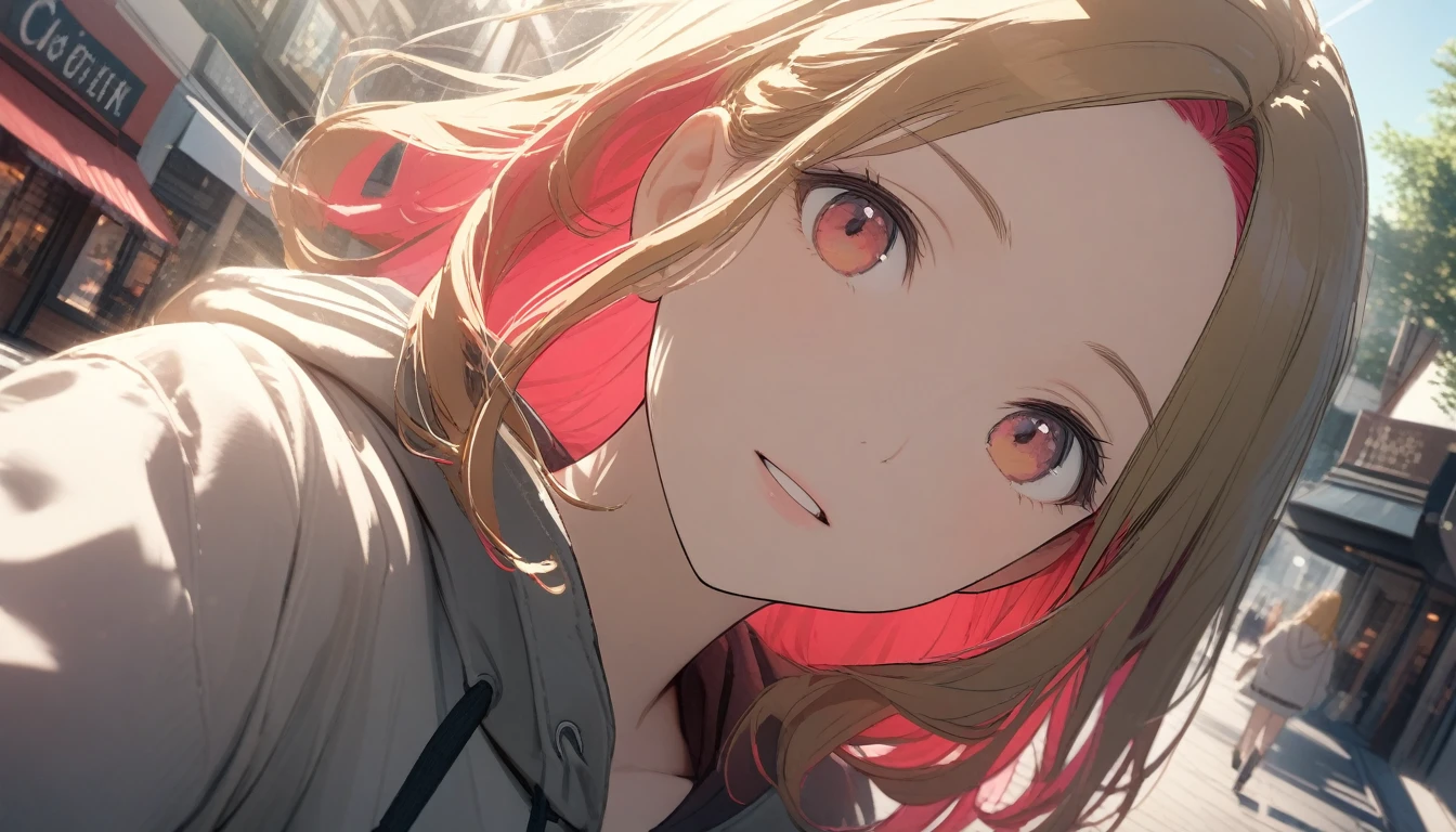 , (Large hoodie、Chopin)、(Golden hair color,Red pink inner color hairstyle), (Beautiful smooth hair), Facial Contour, Remember, Shopping Street, sunlight、splash, Lens flare,, Natural Color, High resolution, Very delicate, Very detailed, 8k,(A little tightness in the chest,About B cup)、Shyness,、Top view angle