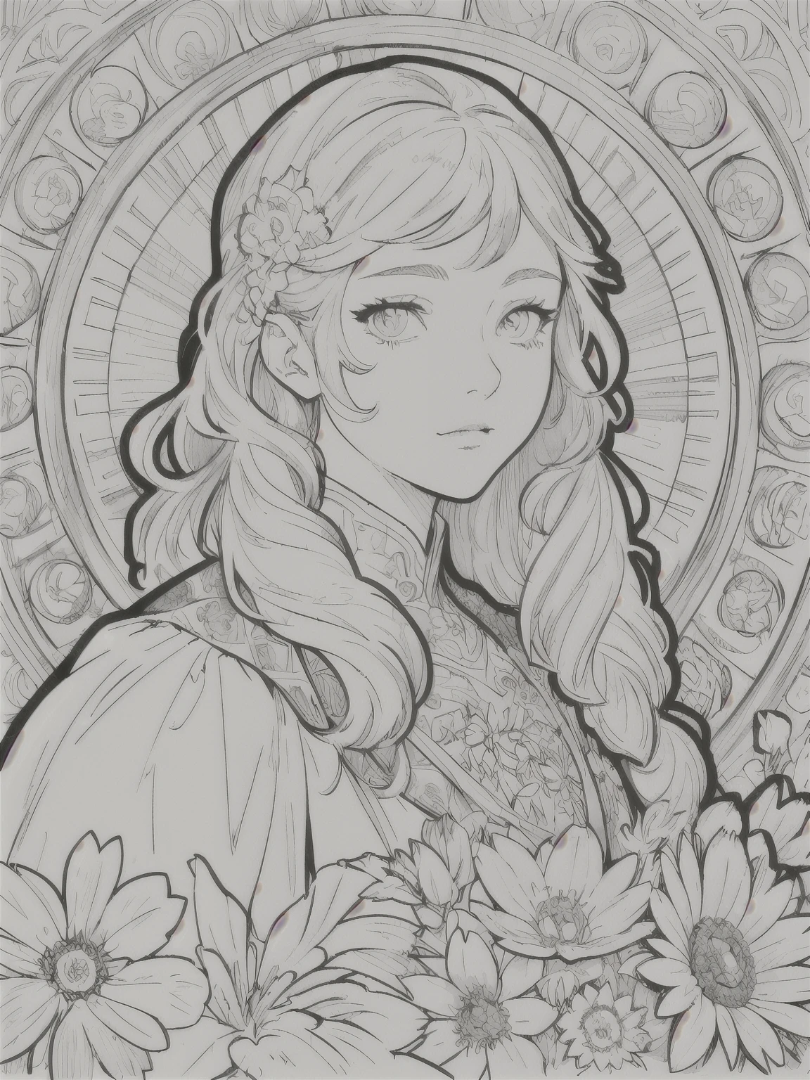 European woman face portrait、Long Curly Hair、blonde、Floral frame、Decorative panel、Abstract Art of Alphonse Mucha、sketch、Character Line、Scenes without color or shadows。 (masterpiece、Highest quality、High resolution:1.4)、detailed、複雑なdetailed、4K、Splashes of color、Line art、Fibonacci、