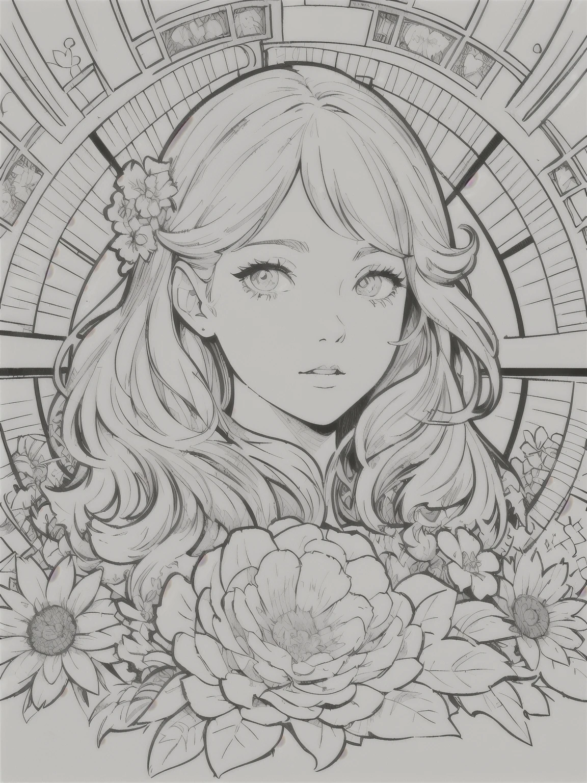 European woman face portrait、Long Curly Hair、blonde、Floral frame、Decorative panel、Abstract Art of Alphonse Mucha、sketch、Character Line、Scenes without color or shadows。 (masterpiece、Highest quality、High resolution:1.4)、detailed、複雑なdetailed、4K、Splashes of color、Line art、Fibonacci、