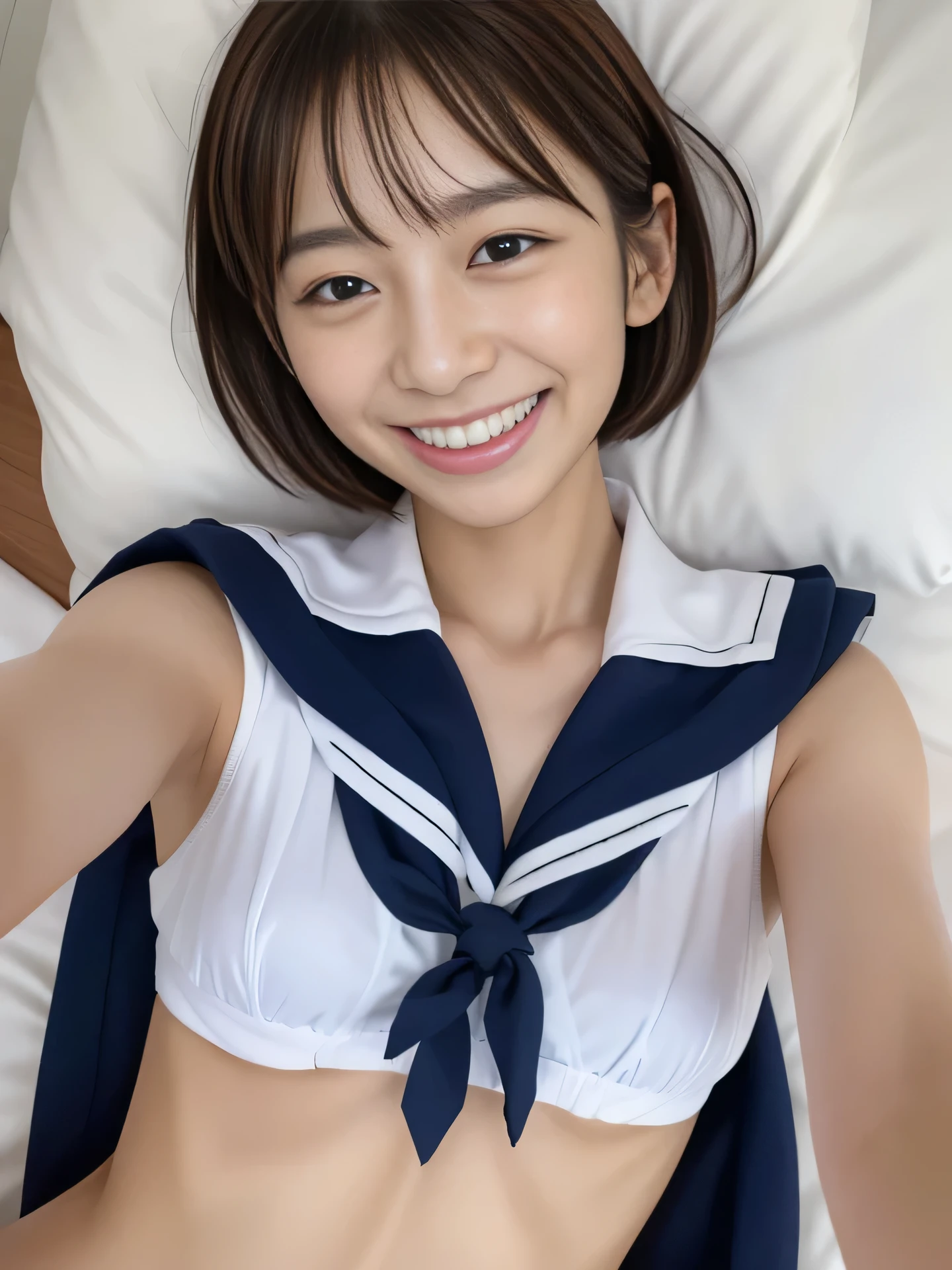 Photorealistic, Ultra-detailed, (best quality, 8k, 32k, masterpiece, UHD:1.2), Photo of Pretty Japanese gravure idol taken by professional photographer, sailor uniform, sailor collar, serafuku, red ribbon tie, lying on bed, arched back, on back, (selfie:1.3), skinny, small breasts, smile, short hair, looking at viewer, grin, upper teeth,