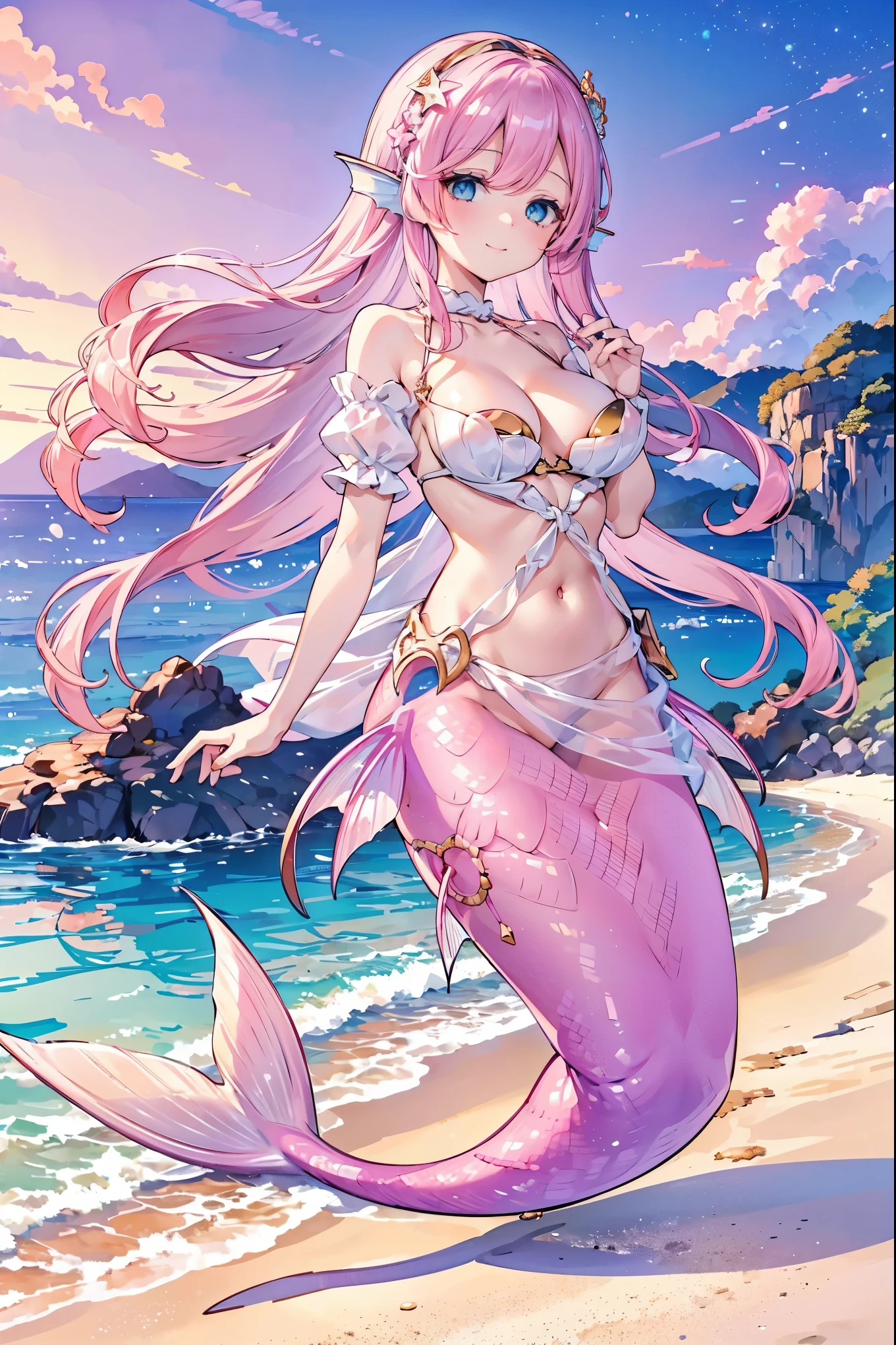 masterpiece, best quality,A girl,Pink Hair,Hair accessories,White Dress,blue eyes,Head fin,Solitary,Large Breasts,Mermaid,粉色的Mermaid尾巴,full-body shot,beach,Sea view,charming face(Kawaii, charming,Soft),Smile,