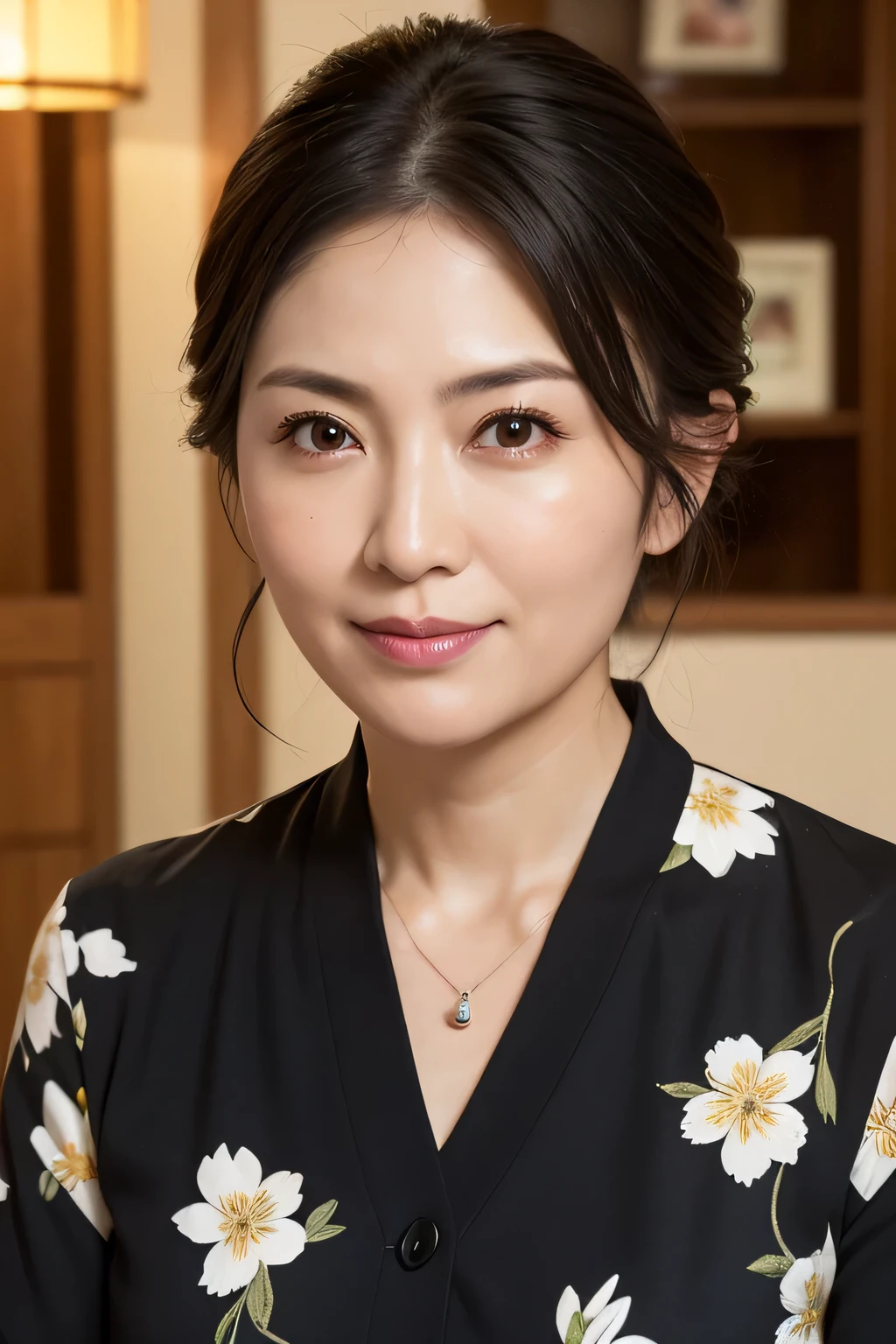 (In 8K, Highest quality, masterpiece:1.2), (Realistic, Photorealistic:1.37), Ultra-detailed, Natural light, , 1 person, 45-year-old woman, Black Hair, pendant, Kappo、Izakaya、Less exposure, Highly detailed face and skin, Detailed eyes, Highly detailed face and skin、Take a full-body photo、color々A pose、dusk、Pensive