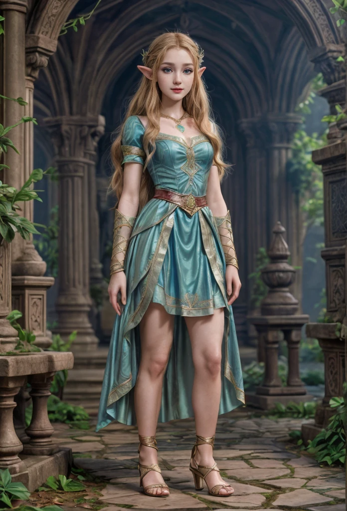 Princes Zelda, blue eyes, (best qualityer, ultra detail), (realisitic:1.37), beautiful and detailed face, ultra-realisitic texture, Exquisite face, Delicate body, red lipgloss stick, shiny colors. High definition, 8k, expression with a slight cute smile