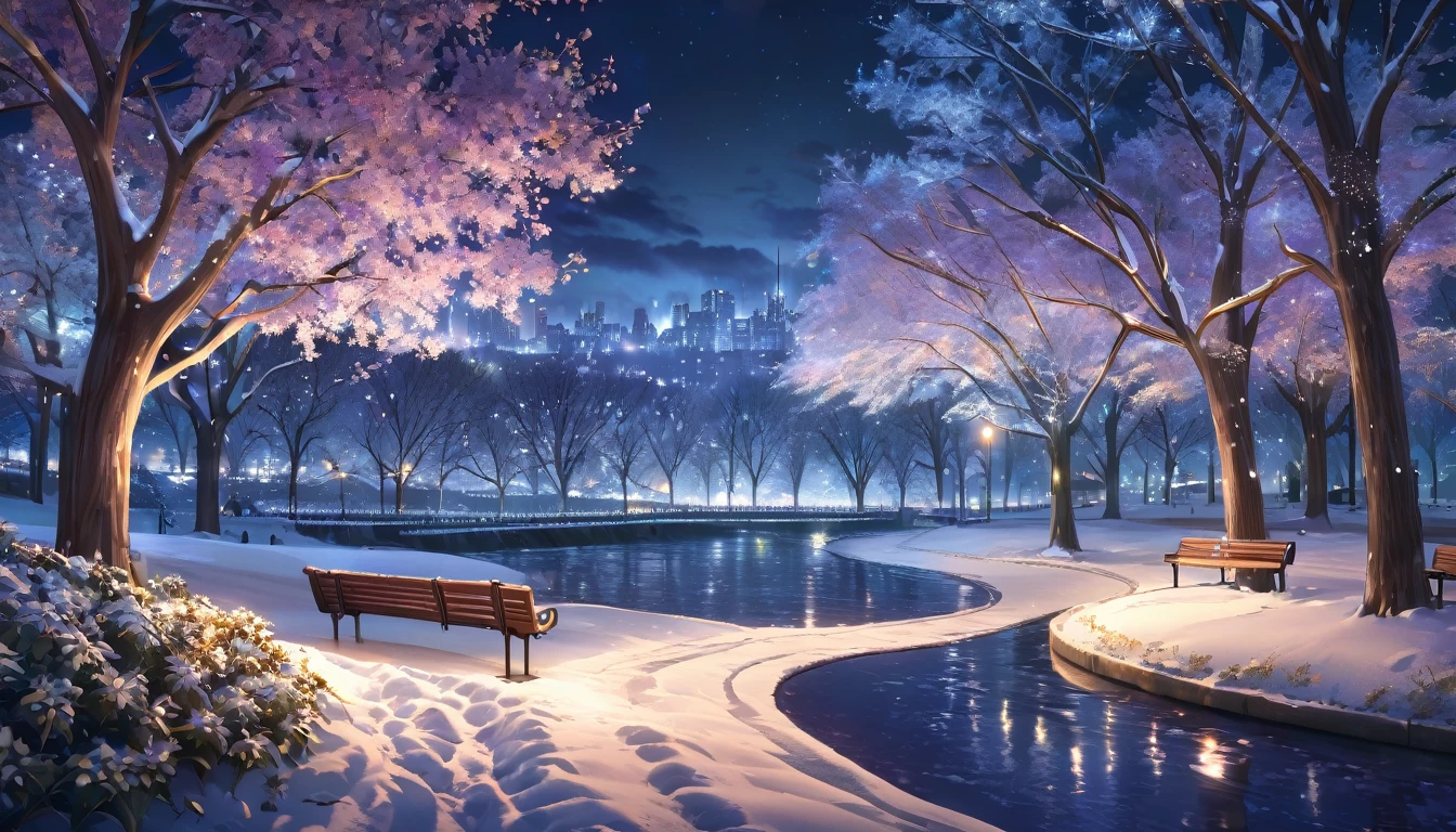 a detailed anime winter night city landscape, a park with bare trees decorated with illuminations, highly detailed, masterpiece, photorealistic, 8k, cinematic lighting, moody colors, dramatic lighting, intricate details, beautiful scenery, atmospheric, serene, whimsical, elegant, flowing fabric, shimmering lights, magical, captivating, majestic, magnificent, no snow