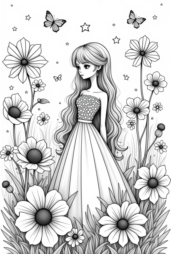 Give me a cute and fantastic lady coloring book pages flowers background no color no grayscale no shadow high details but the design is simple and bold
